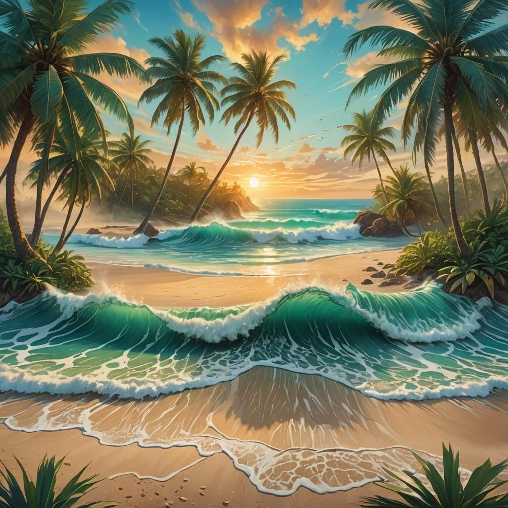 Tropical Sunrise Wave: Art Nouveau Landscape