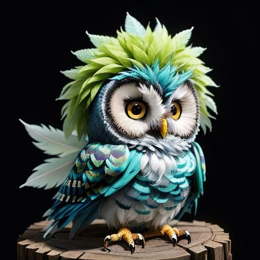 Cute Blue Baby Owl with Mohawk in Knitted Yarn