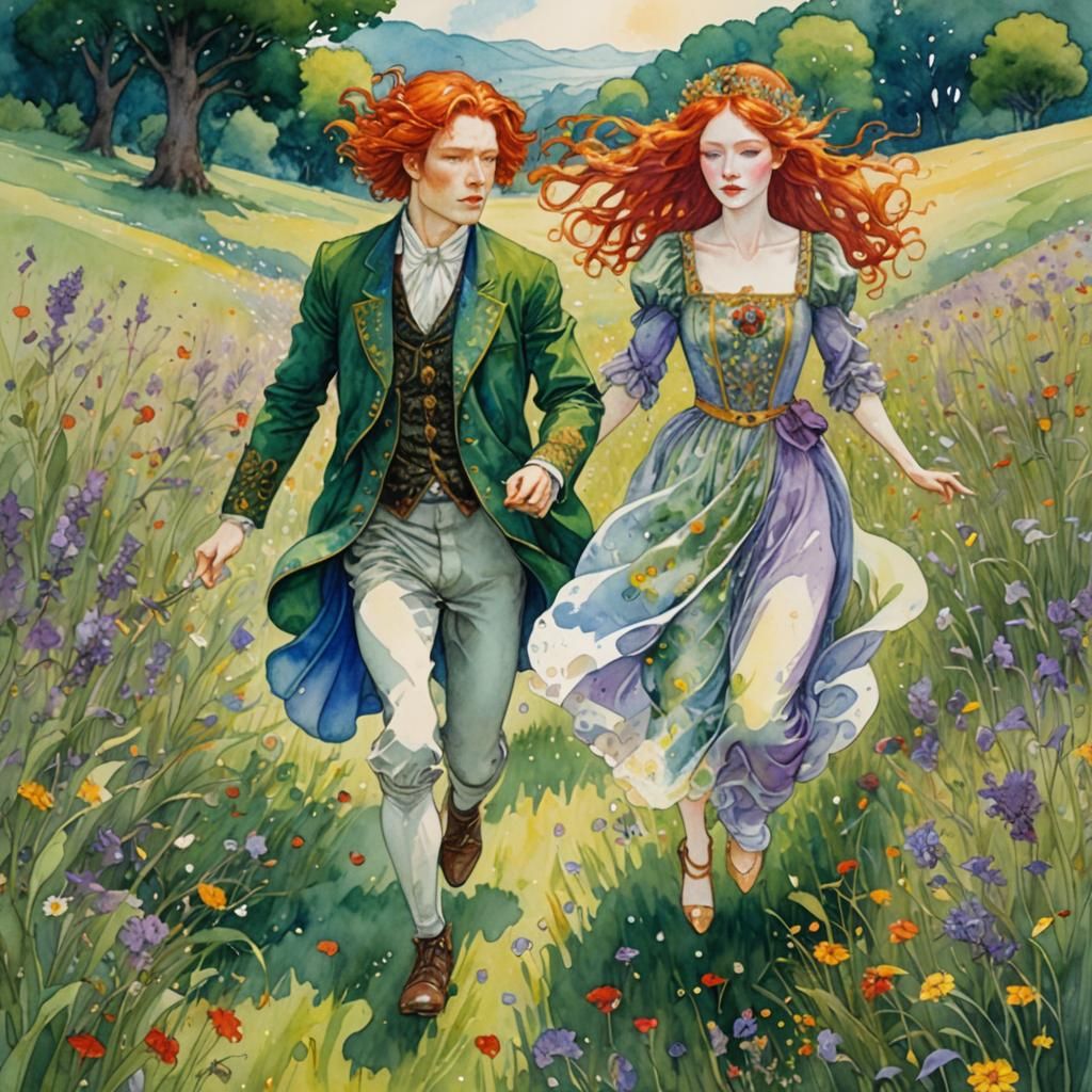 Fantasy Princess and Prince in Watercolor Illustration