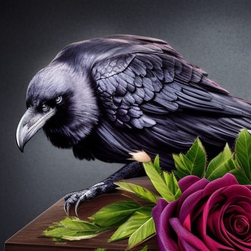 Raven on Casket with Roses: Hyperrealistic Splash Art