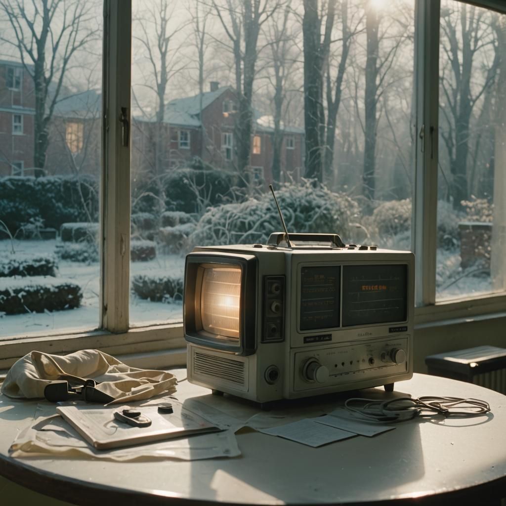 Vintage Radio in Mental Hospital: Nostalgic Film Still