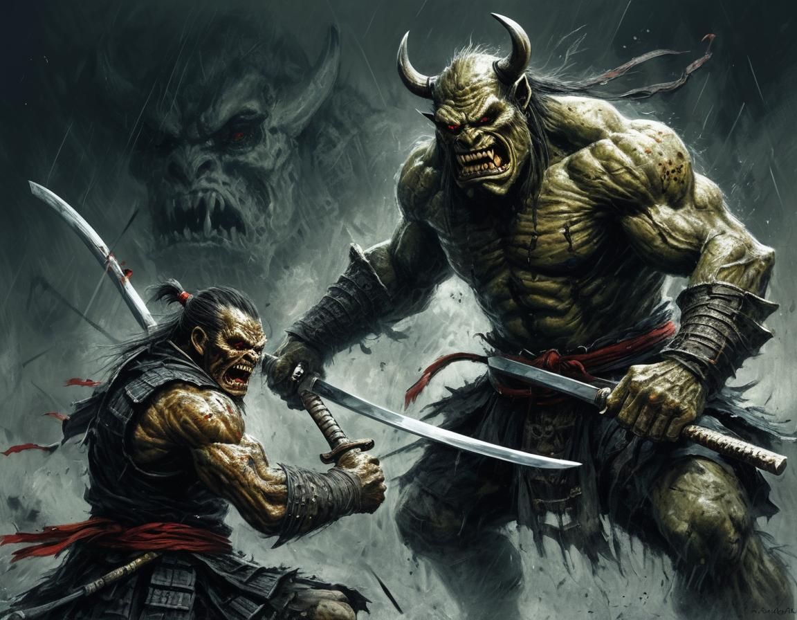 Demon Ogre Oni with naginata attacking Daimyo Samurai with k...