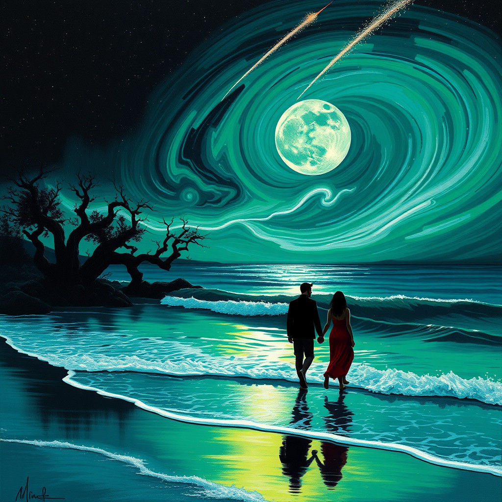 Neon Moonlit Beach Walk in Graffiti Style