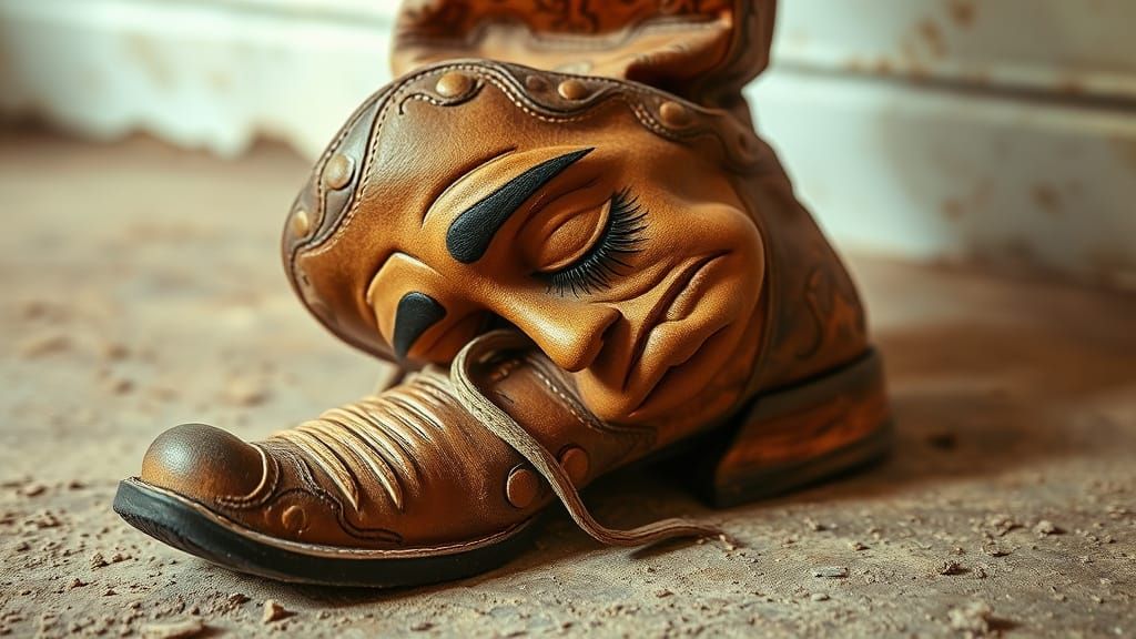 Surreal Cowboy Boot with Sleepy Face in Dalí Style