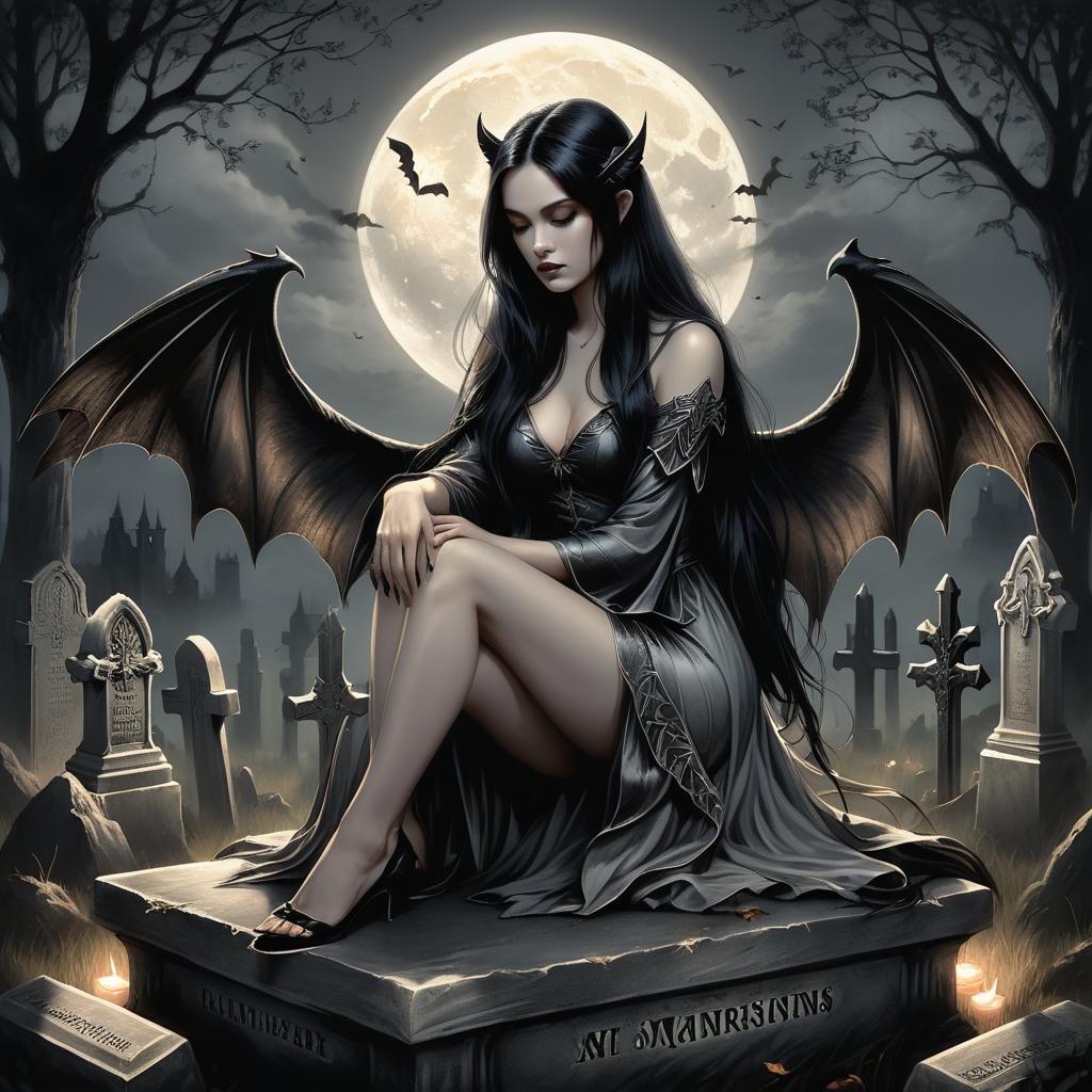 The drawing by Simon Bisley shows a woman wearing a corset with long black hair and bat-like wings. 5