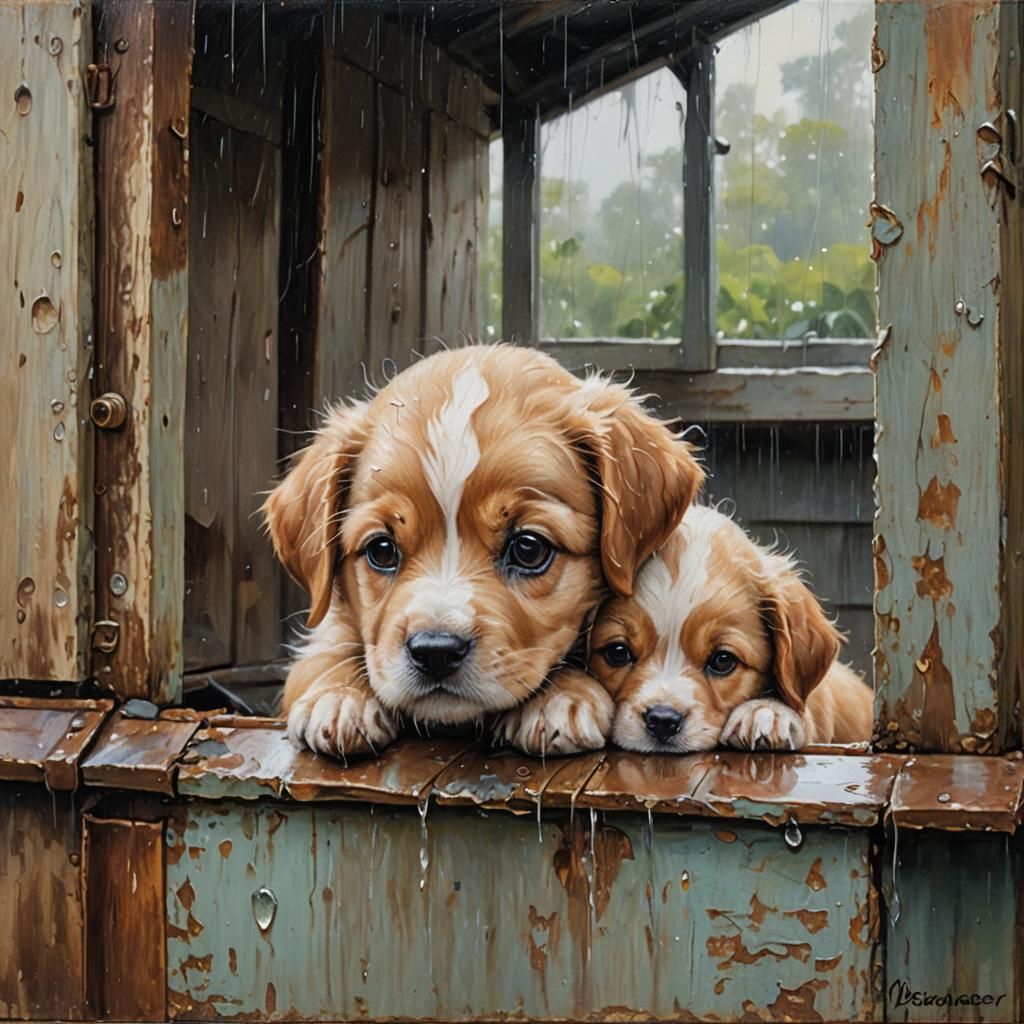 Puppies Seek Shelter: An Oil Painting