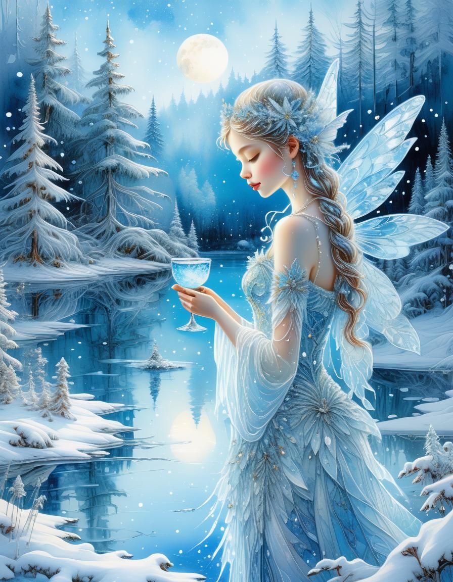 Ice Fairy in Winter Forest: Digital Watercolor Art