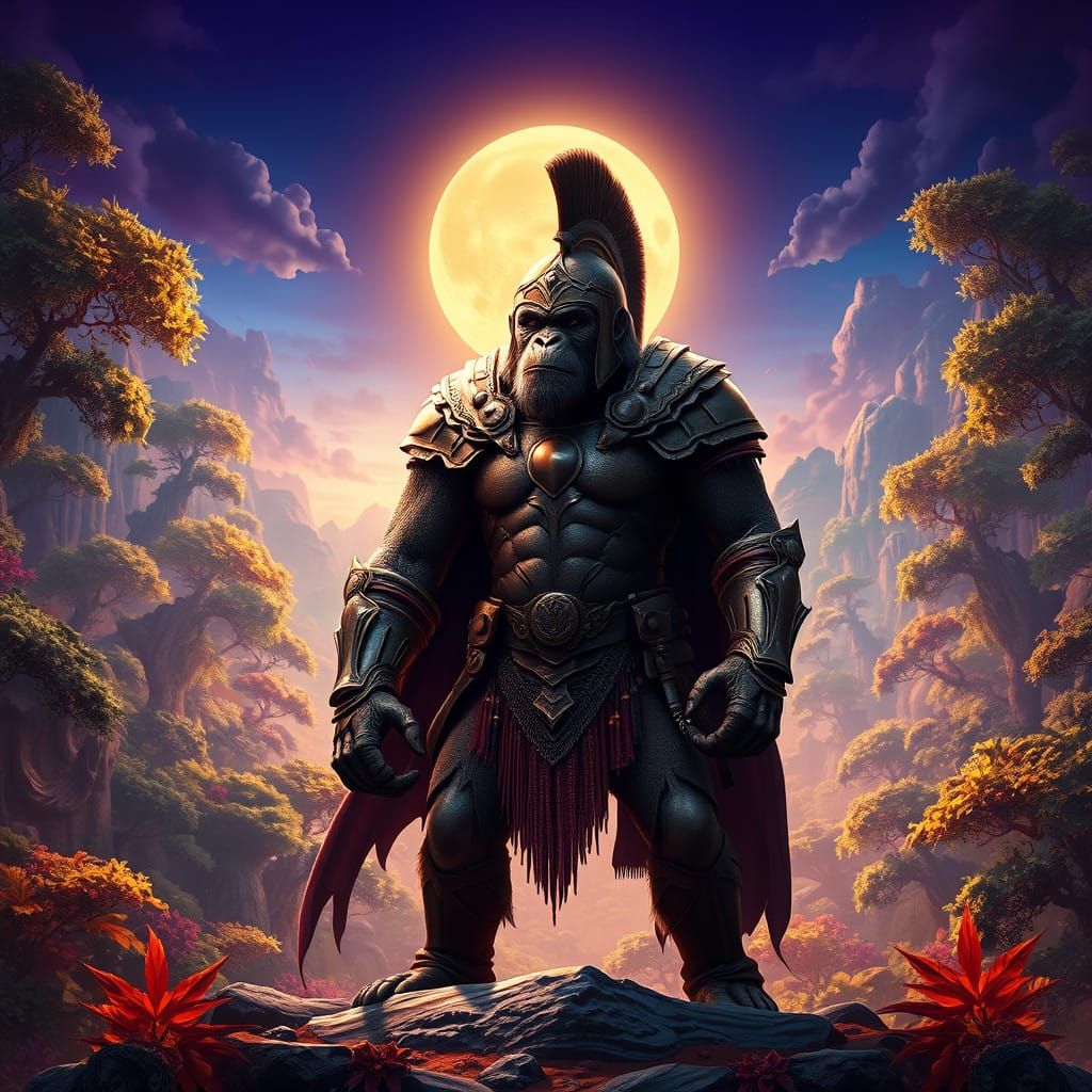 Majestic Ape Warrior in Ancient Forest Splendor