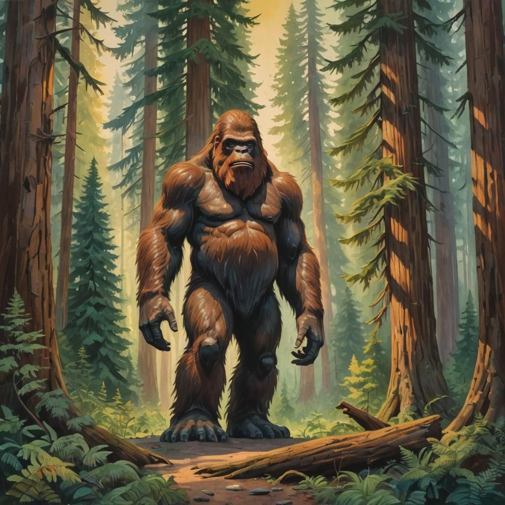 Bigfoot in Redwood Forest: Gouache Impressionist Painting