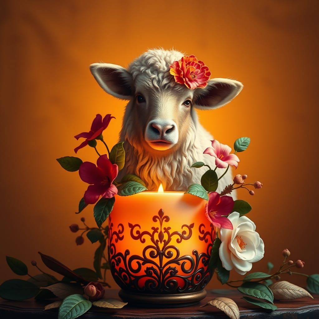 Dreamlike Farm Animal Candle in a Rustic, Golden Landscape