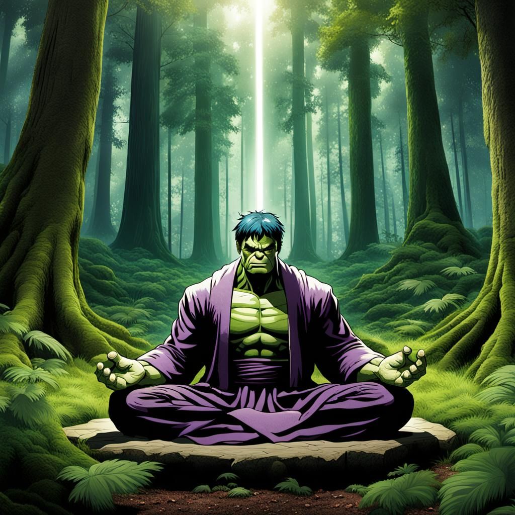 Hulk Meditating in Jedi Robes in Forest Glade