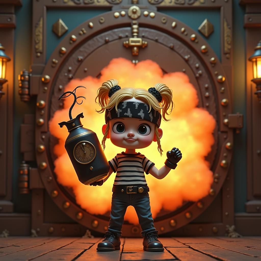 Girl Bank Robber Exploding Vault in 3D Render
