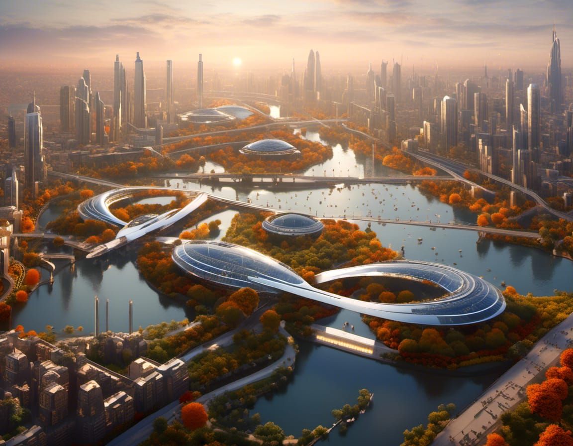 Futuristic Utopian City at Magic Hour