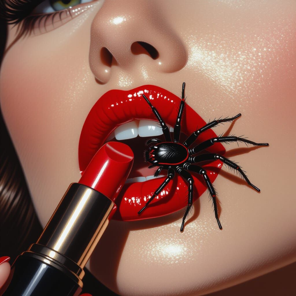 Hyperrealistic Macro: Spider Emerges from Lips with Red Lips...