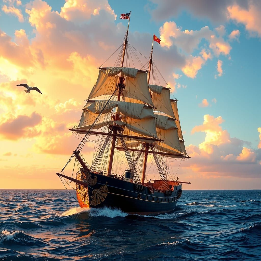 Majestic 19th-Century Tall Ship Sails Across Golden Sunset O...