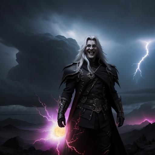 Epic Dark Fantasy: Man Laughing Amidst Storm
