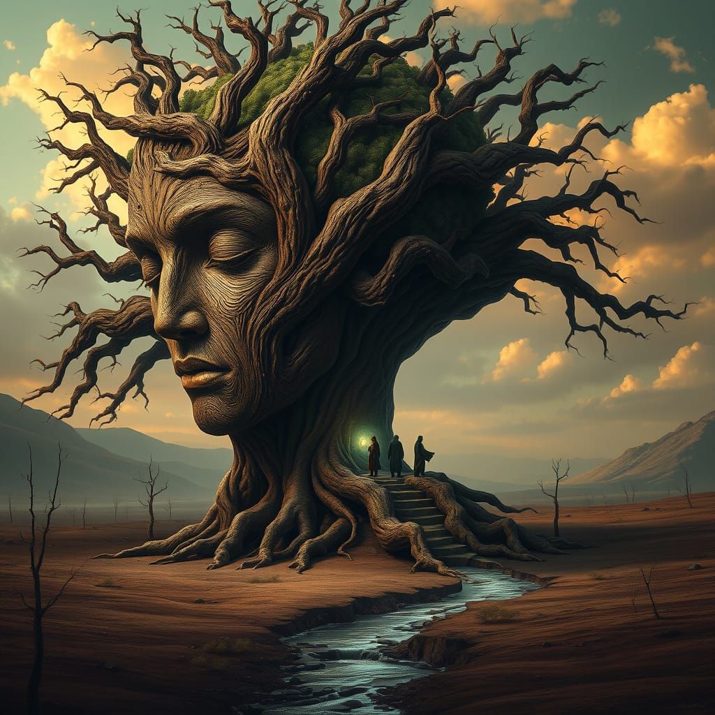 Realistic photo artwork featuring a large, intricately detailed tree shaped like a human head. The tree's bark forms the...
