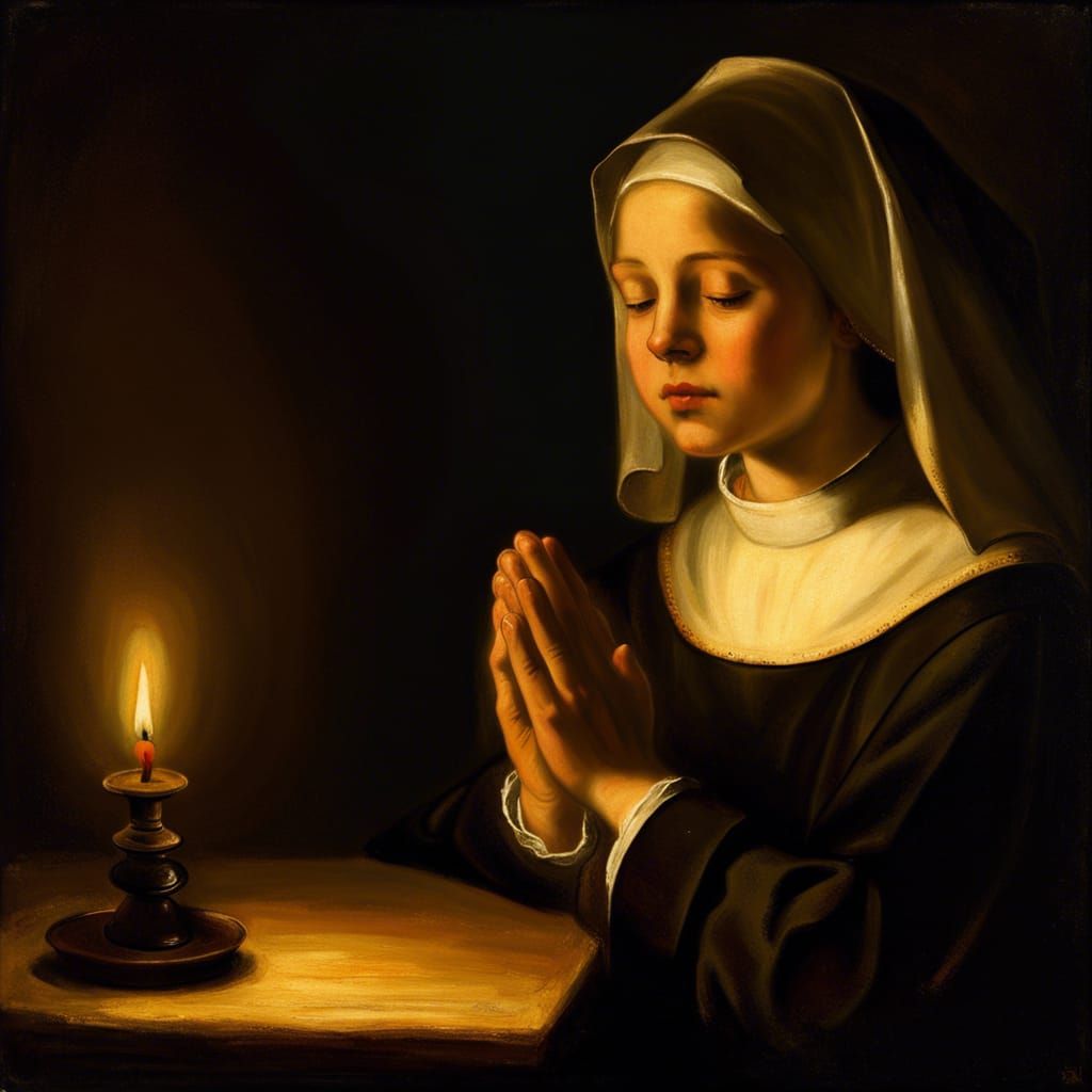 young catholic nun praying to Christ oil painting by Rembran...