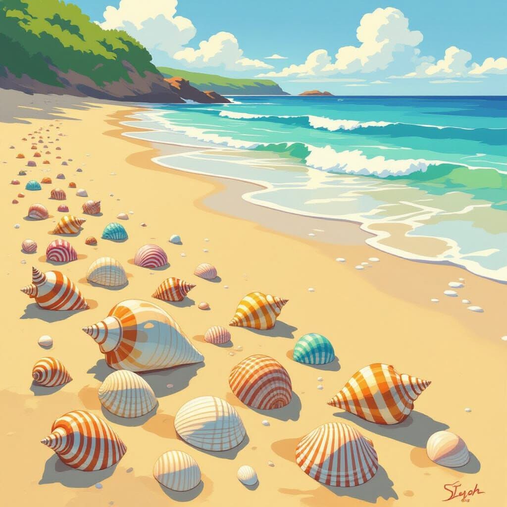 Seashells on Beach in Dreamy Whimsical Style