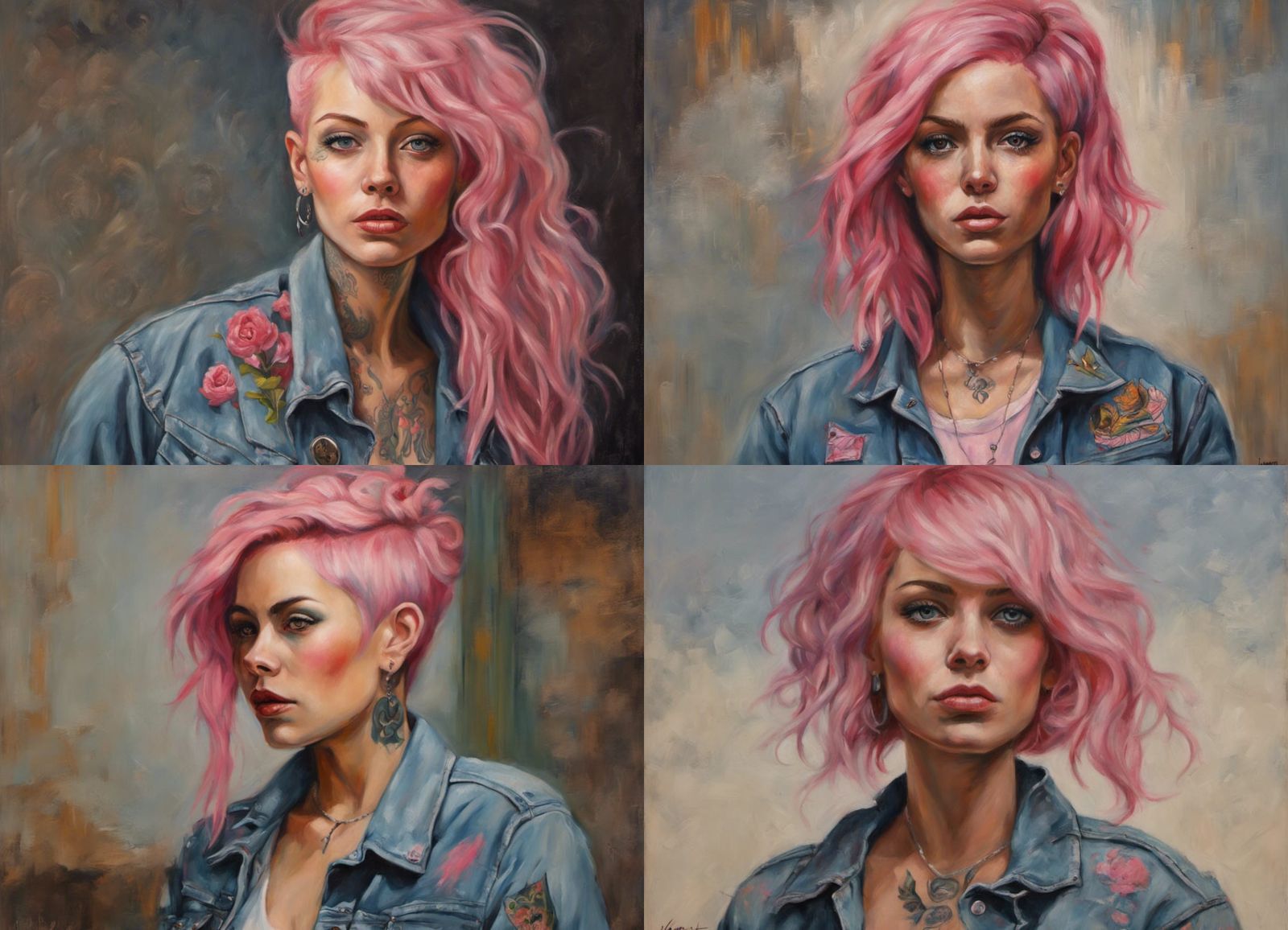 Tattooed Woman with Pink Hair: Oil Painting