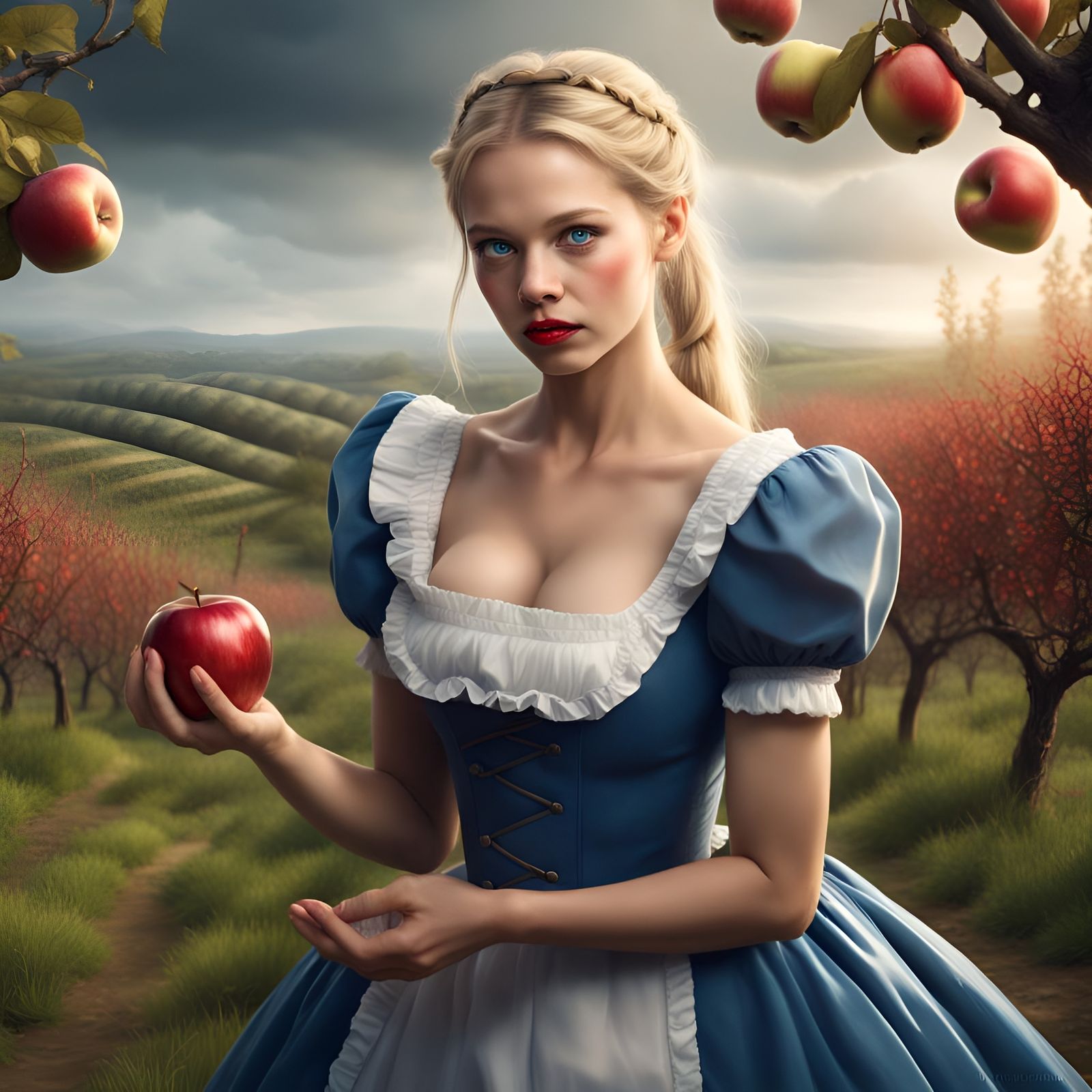Maid Reaches for Apple in Orchard Digital Painting
