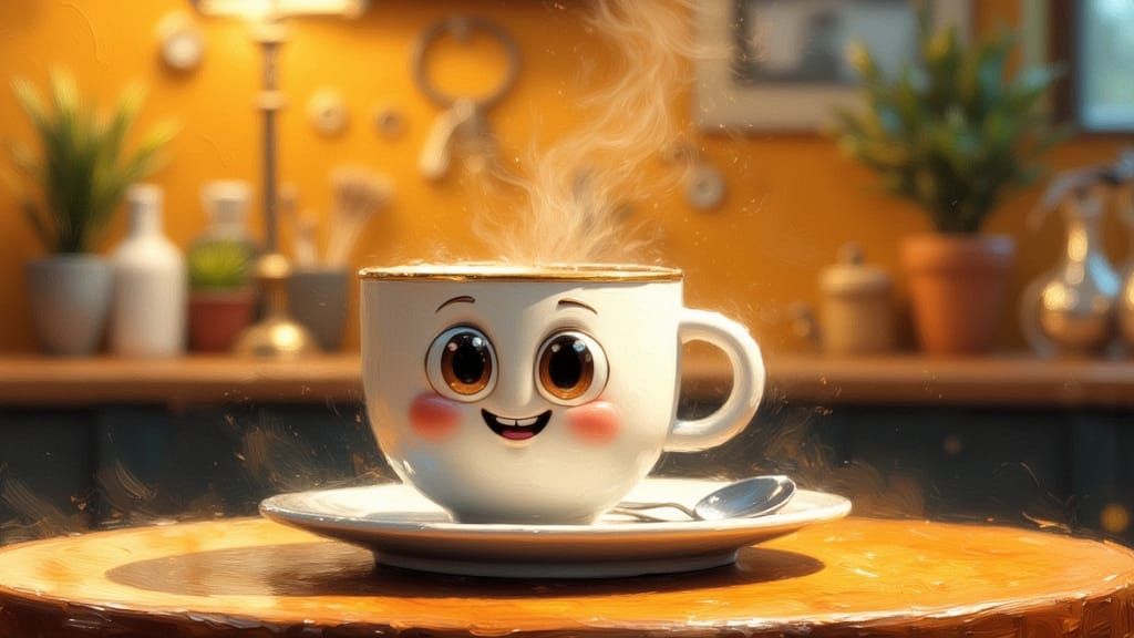 Cheerful Anthropomorphic Coffee Cup in Expressionist Oil Sty...