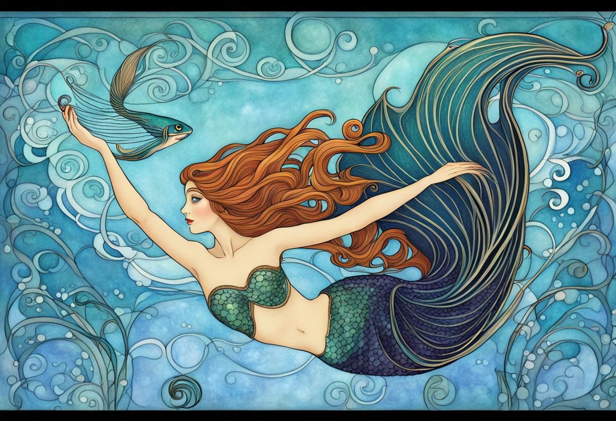 Art Nouveau Mermaid with Betta Fish Tail