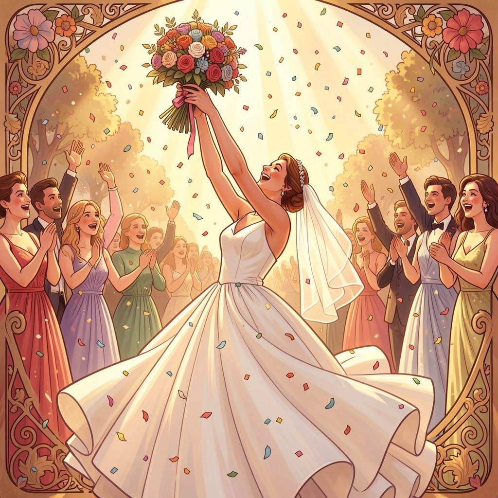 Joyful Bride Throws Bouquet in Golden Hour Celebration