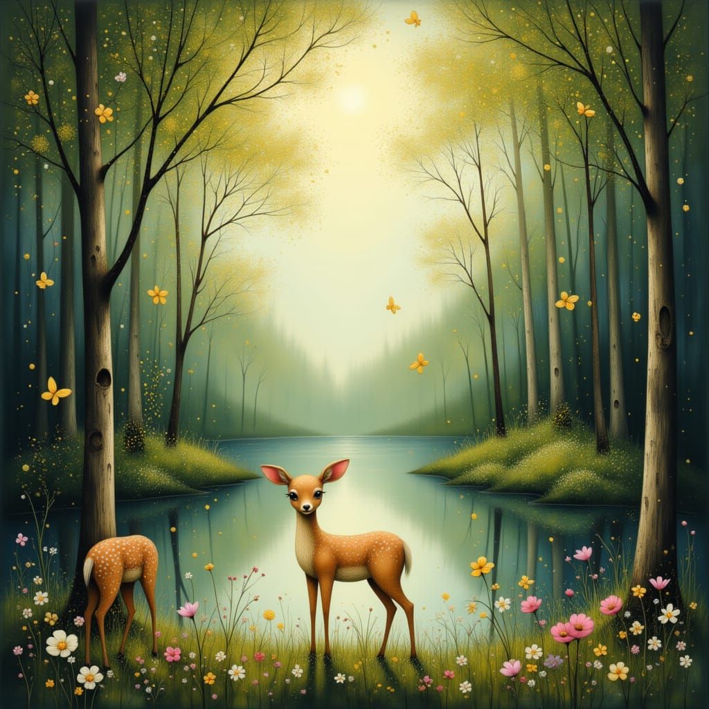 <lora:Shadow whimsy:1.0> 2 fawns standing by a lake in a beautiful forest glade. There are Spring flowers on the ground....
