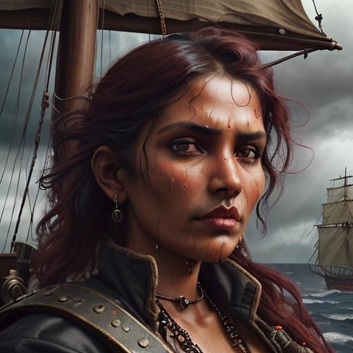 Steampunk Tribal Woman on Pirate Ship in Stormy Light