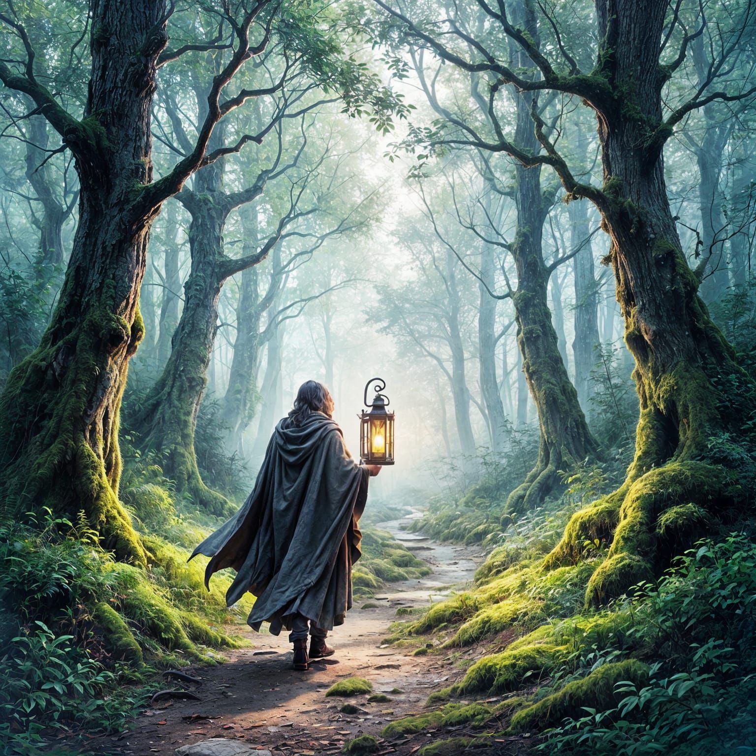 Ethereal Traveler in Ancient Forest: Impressionistic Style