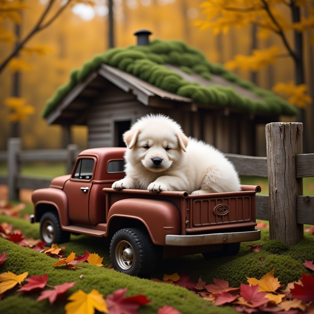 Cozy Autumn Scene with a Sleeping Shaggy White Puppy