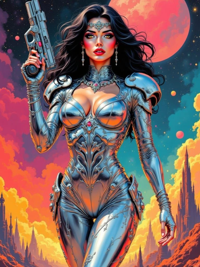Glamorous Space Pin-Up Girl in Sci-Fi Armor