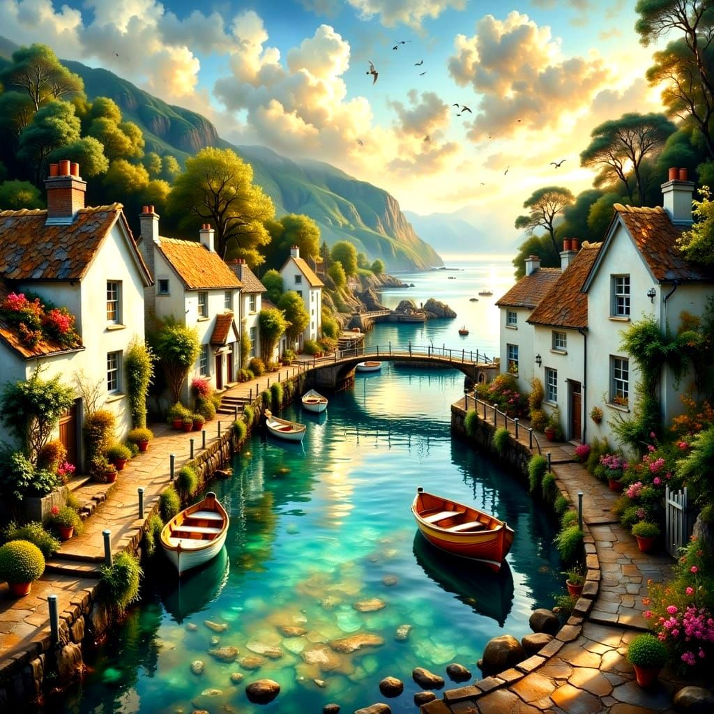 Idyllic Devon Fishing Village under Golden Evening Light