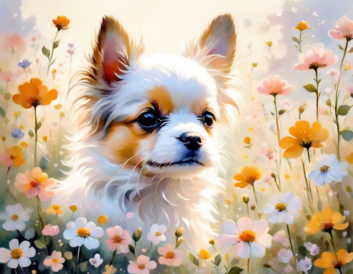 Idyllic Dog in Ethereal Flower Field Oil Painting