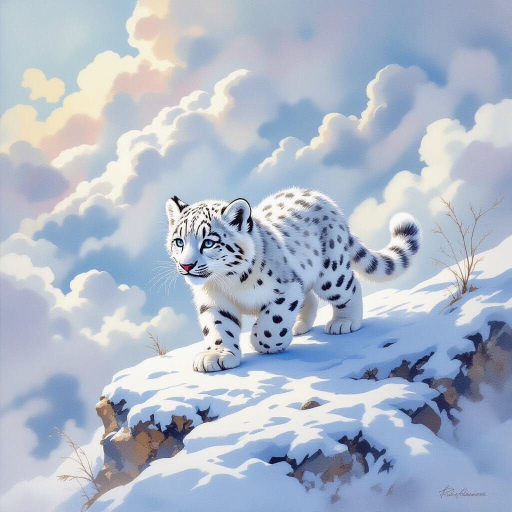 Baby Snow Leopard on Frosted Ridge in Watercolor Style