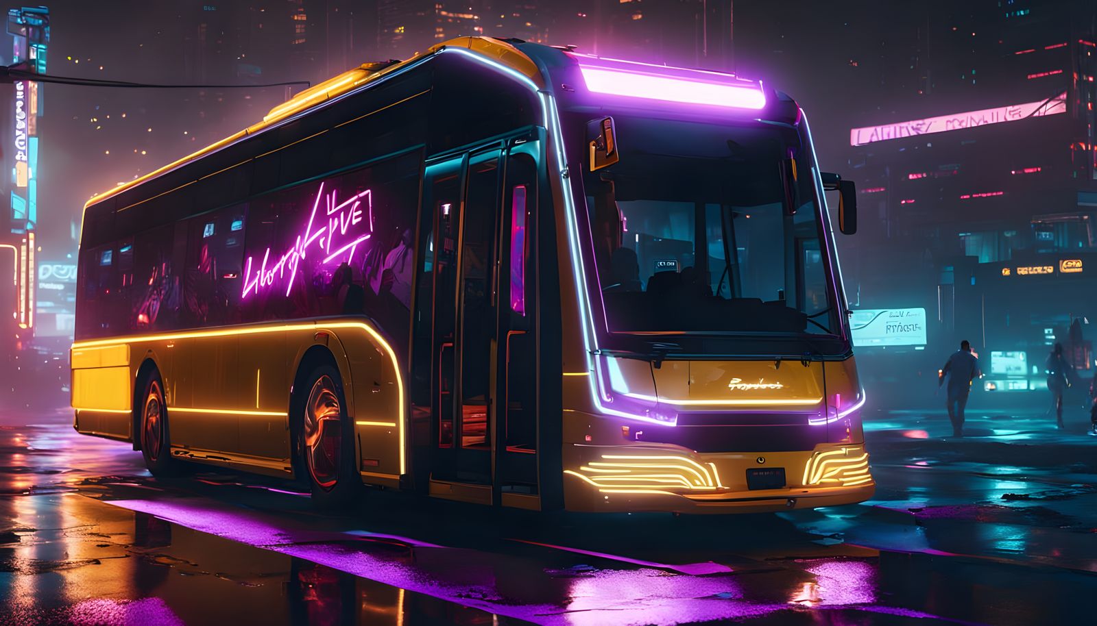 Futuristic 2026 Pontiac Electric Tour Bus in Cyberpunk Style