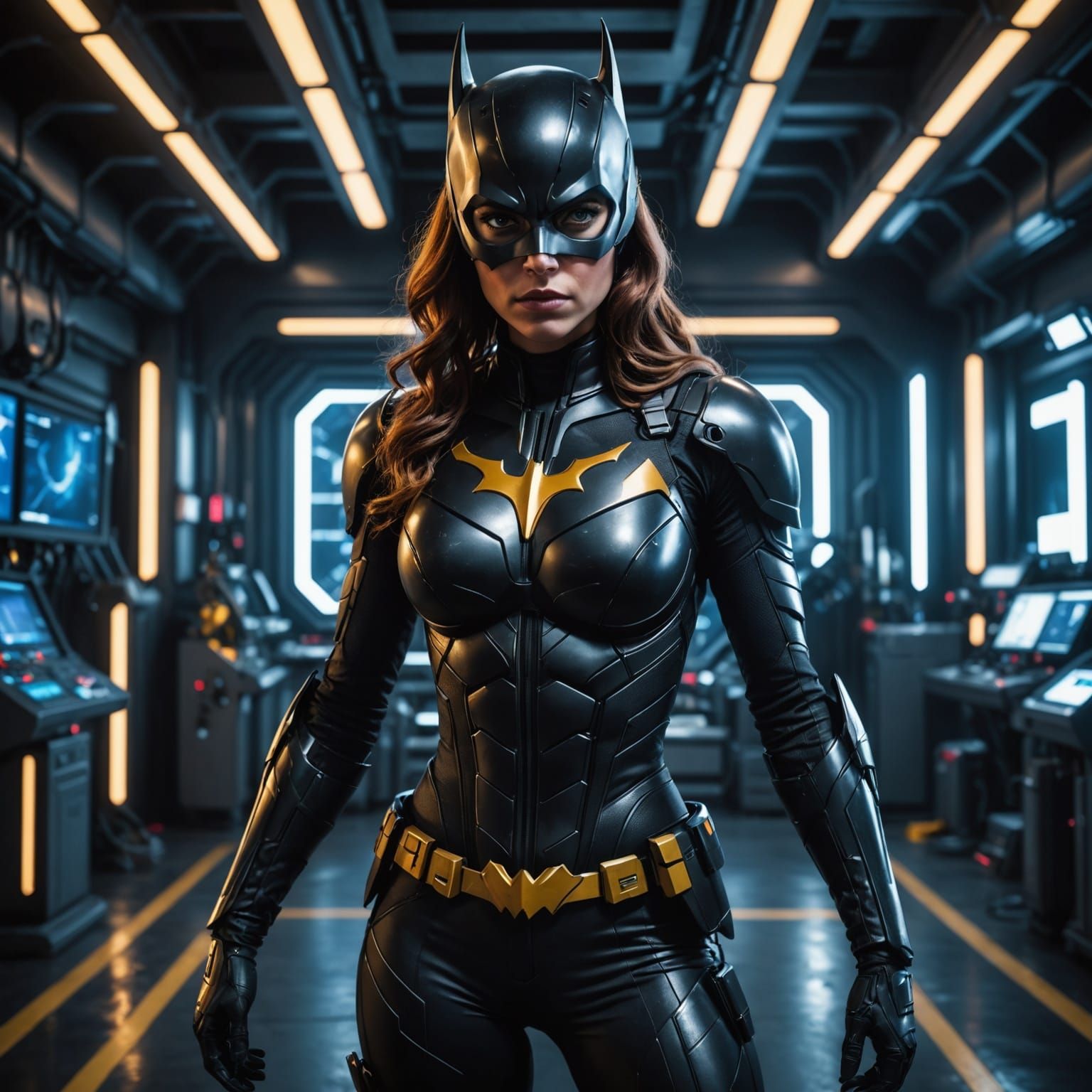 Sleek Female Superhero in High-Tech Latex Bodysuit with Armo...