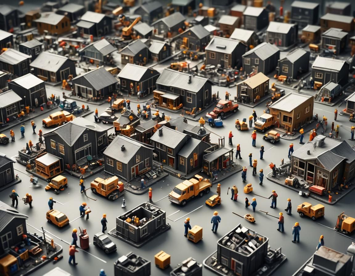 Miniature People Constructing City on Desk, Tilt-Shift View