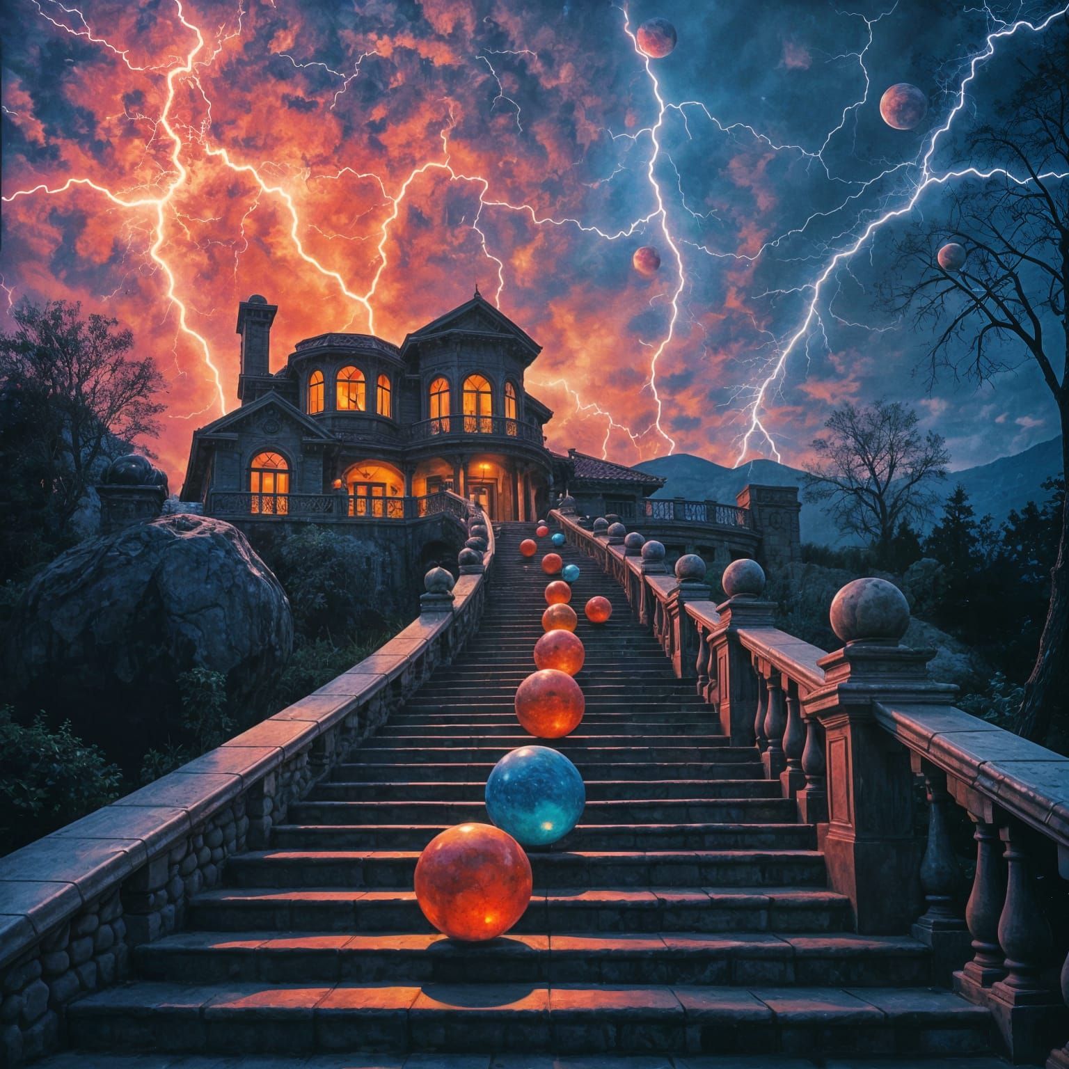 Mysterious Mansion Under Psychedelic Storm