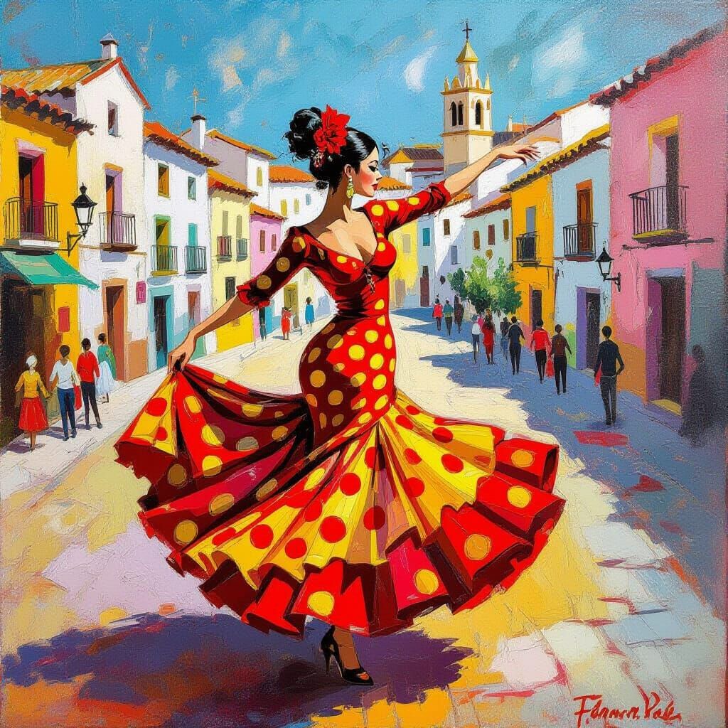 Flamenco Dancer in Spanish Plaza, Surrealist Style