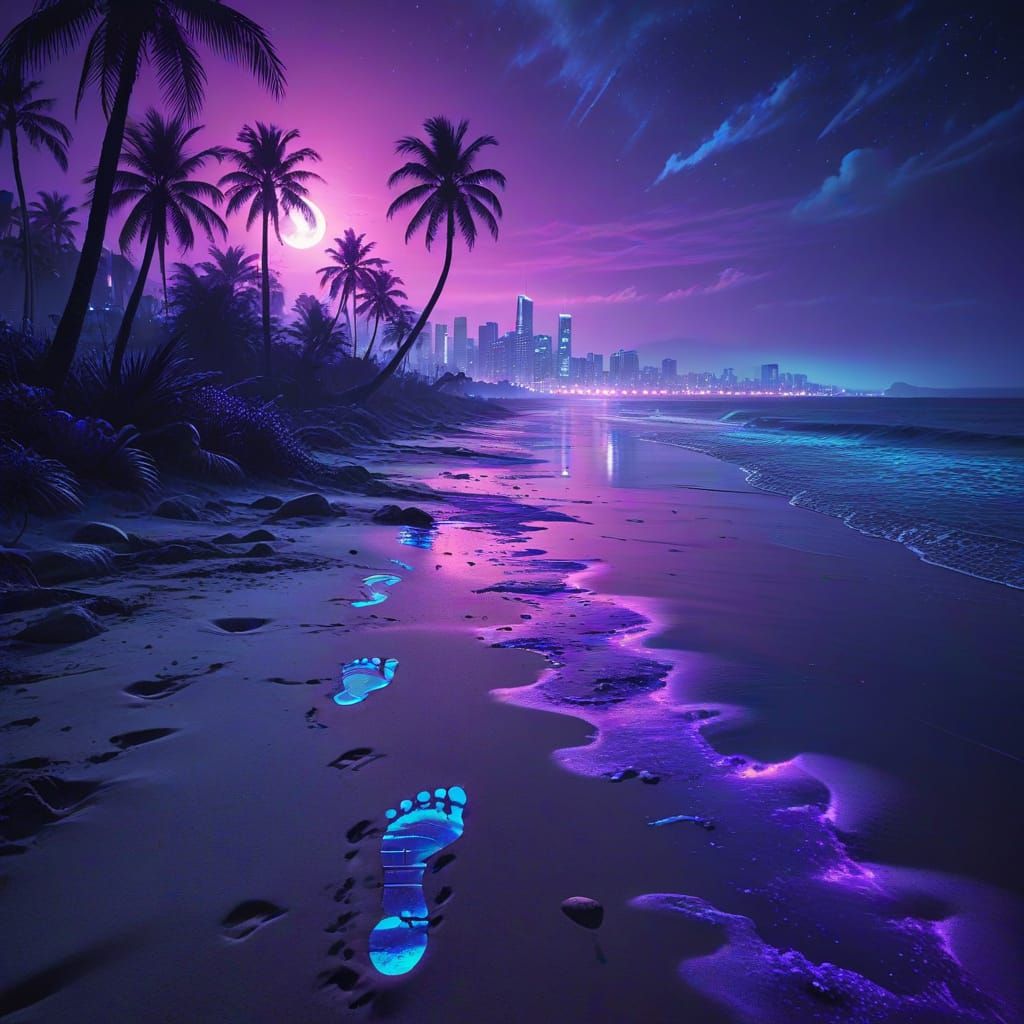 Neon Footprints on a Retro Beach at Night
