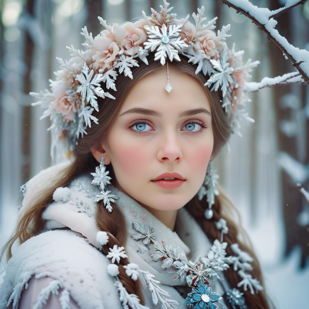 Ethereal Russian Beauty in Snow-Covered Forest