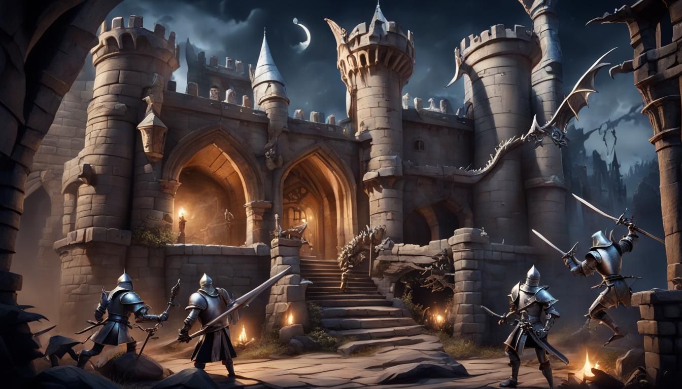 Knights Fighting Dragon in Medieval Stronghold