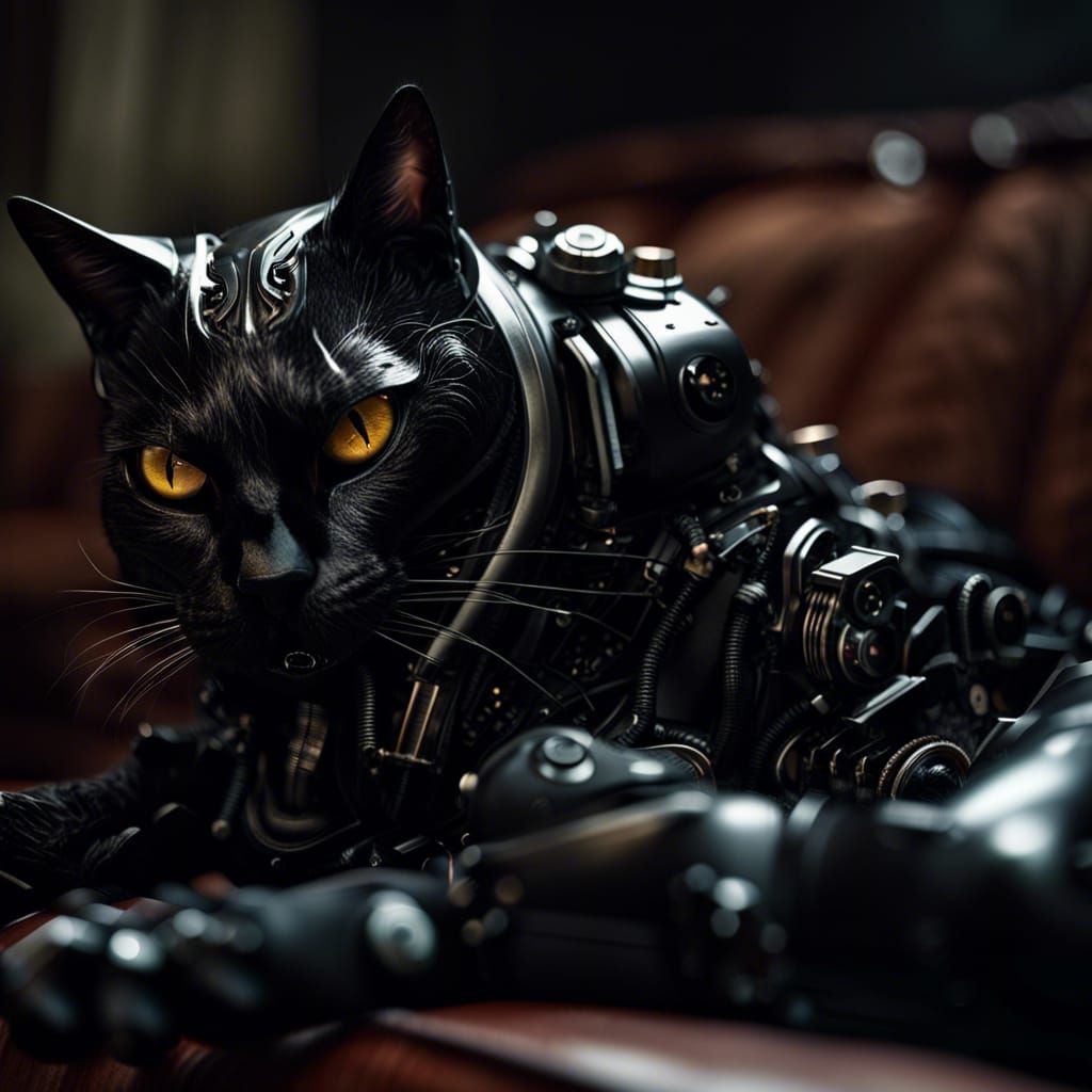 Hyperrealistic Robot Black Cat Portrait