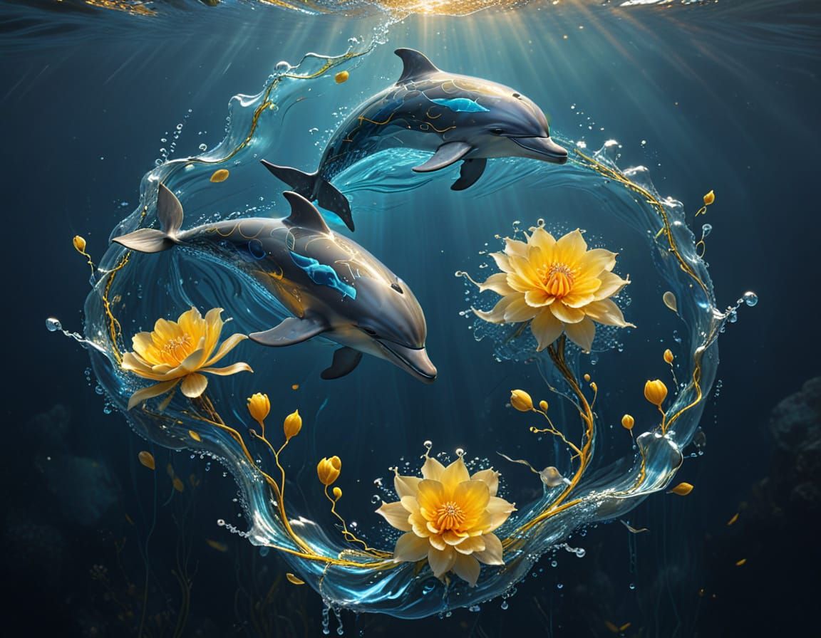 Kintsugi Dolphins Swimming at Sunset: Surreal Digital Art