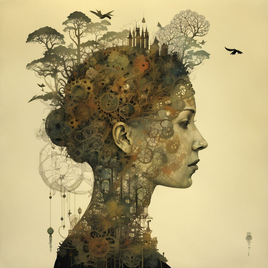 Queen's Silhouette Merging Forest and Clockwork