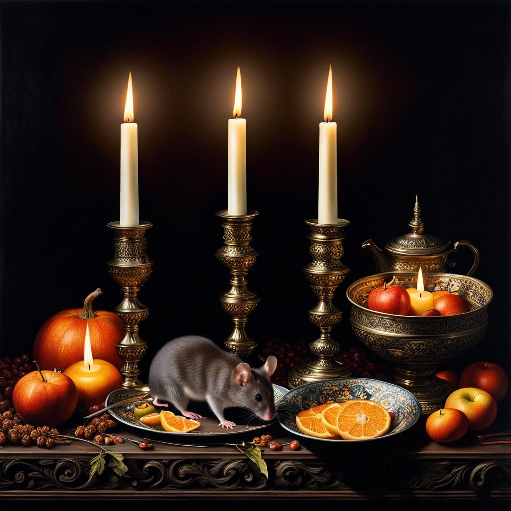 Photorealistic Candlelit Still Life with Mouse