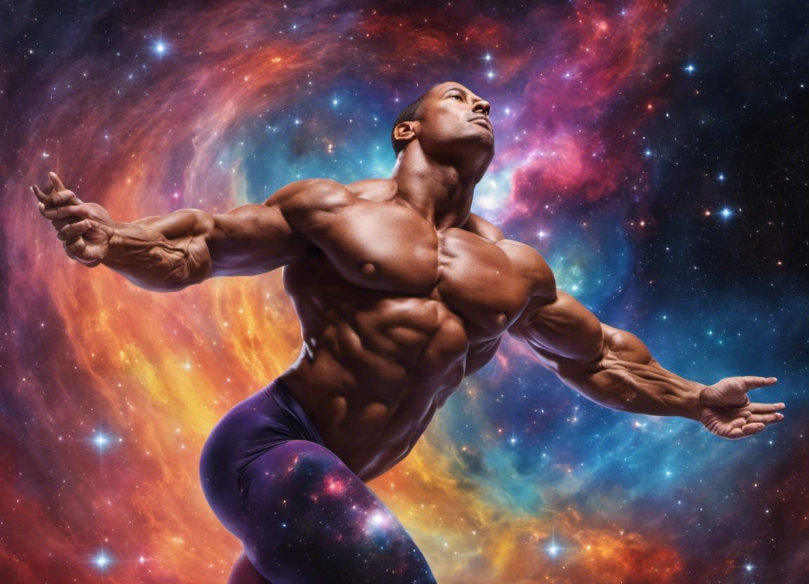Bodybuilder in Space with Colorful Nebula