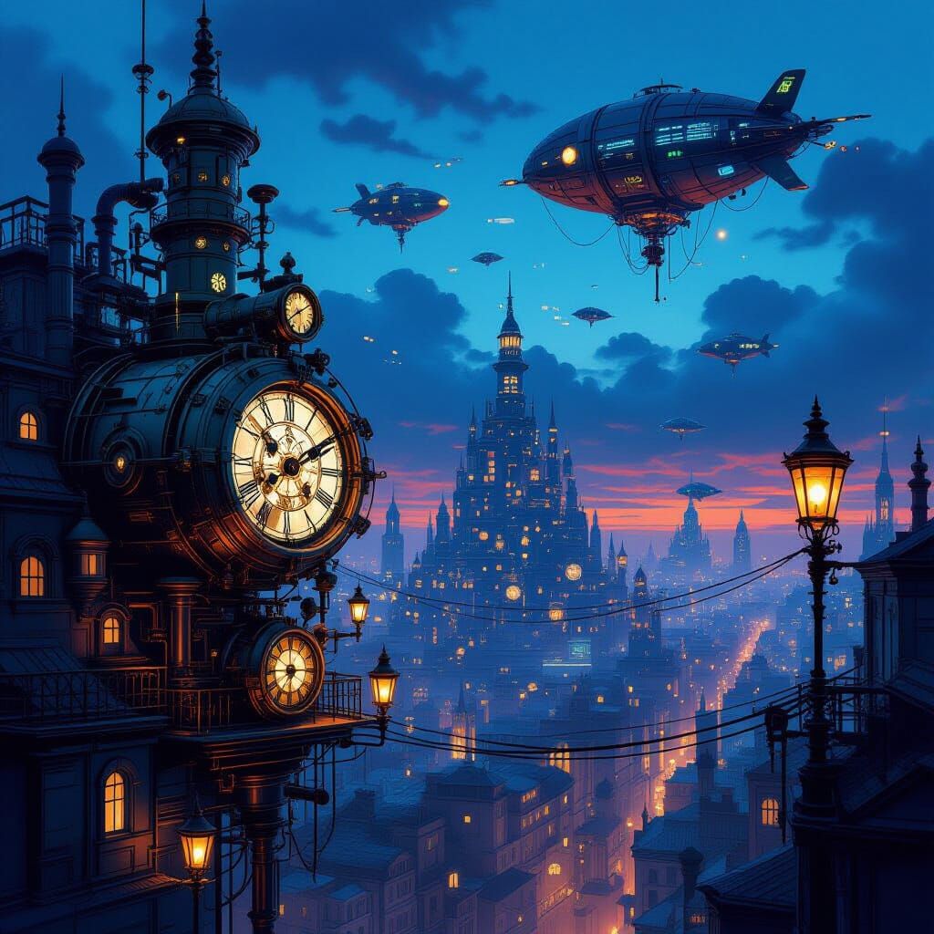 Steampunk Cityscape at Twilight with Cyberpunk Accents